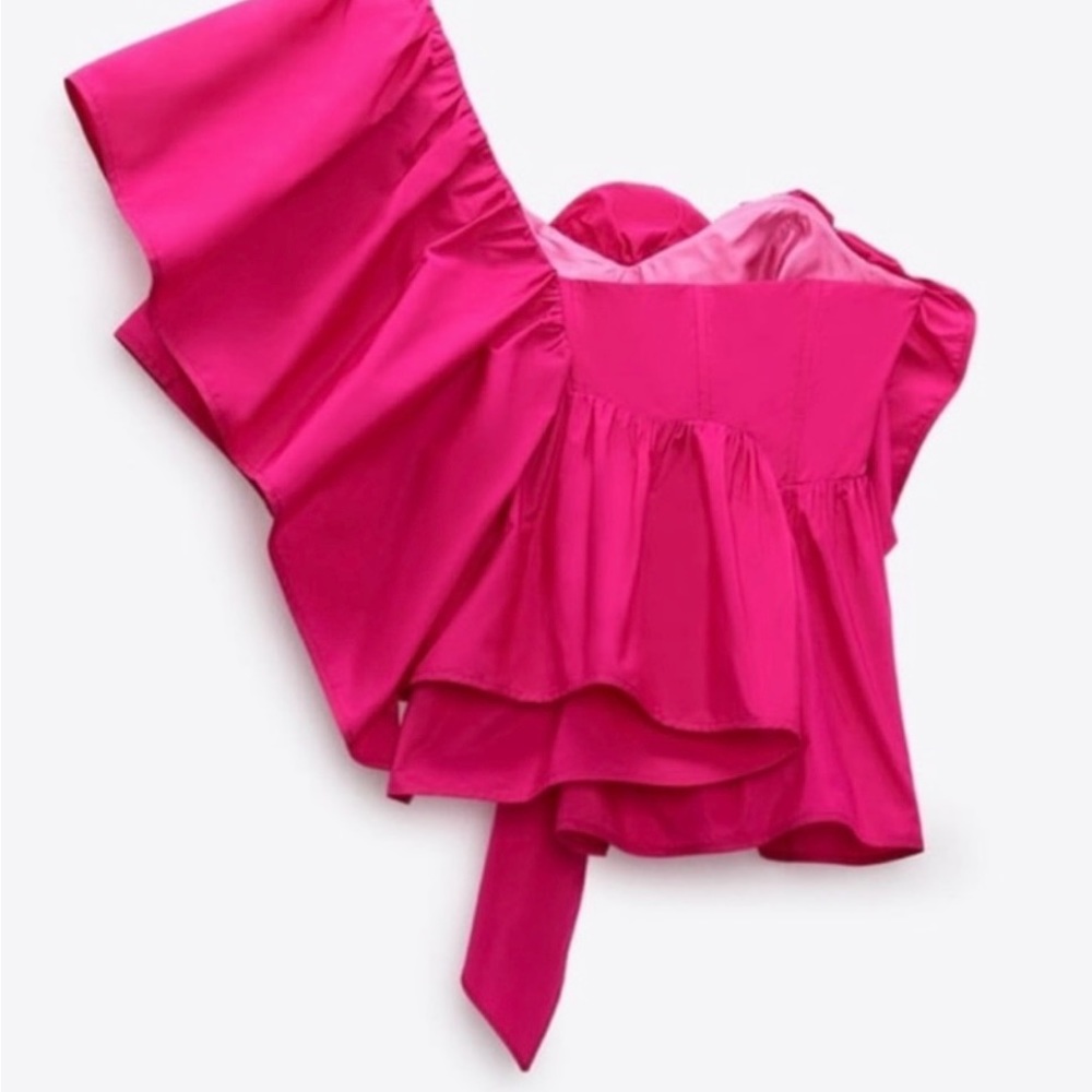 Zara Fuchsia 3D ROSE RUFFLED ASYMMETRIC TOP - Picture 3 of 3